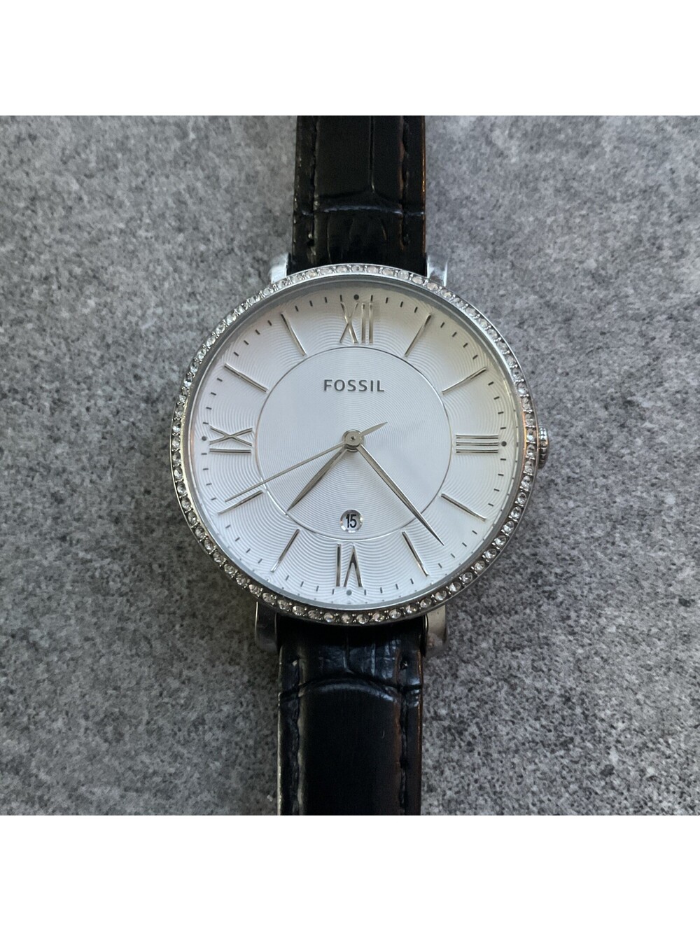 Fossil Womens C141014 Jacqueline Watch Pave Bezel 36mm Silver Tone Case Bin T
